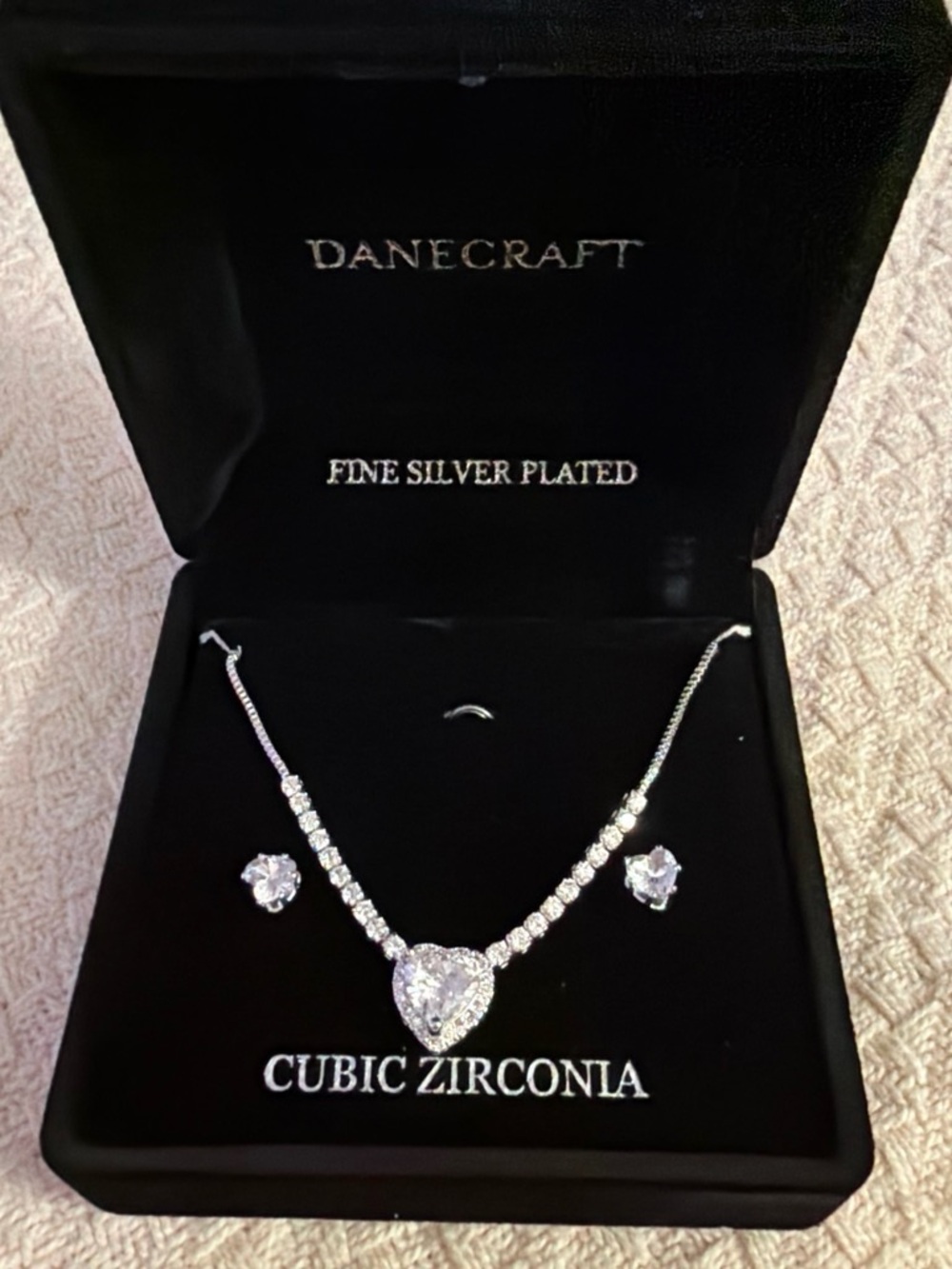 Craft Silver Plated Heart Cubic Zirconia Necklace and Stud Earrings - White